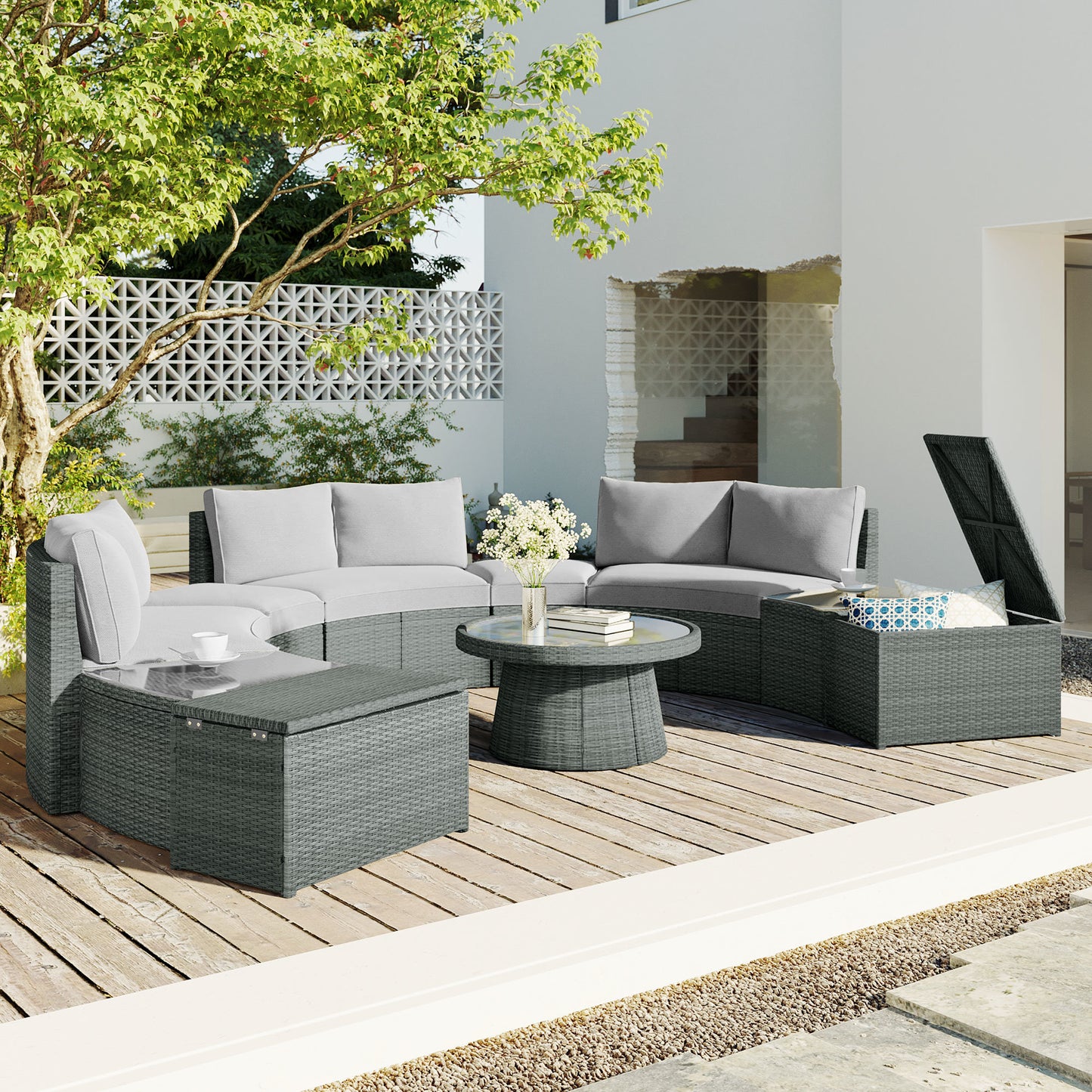 10-piece outdoor sectional half round patio rattan sofa set, light gray