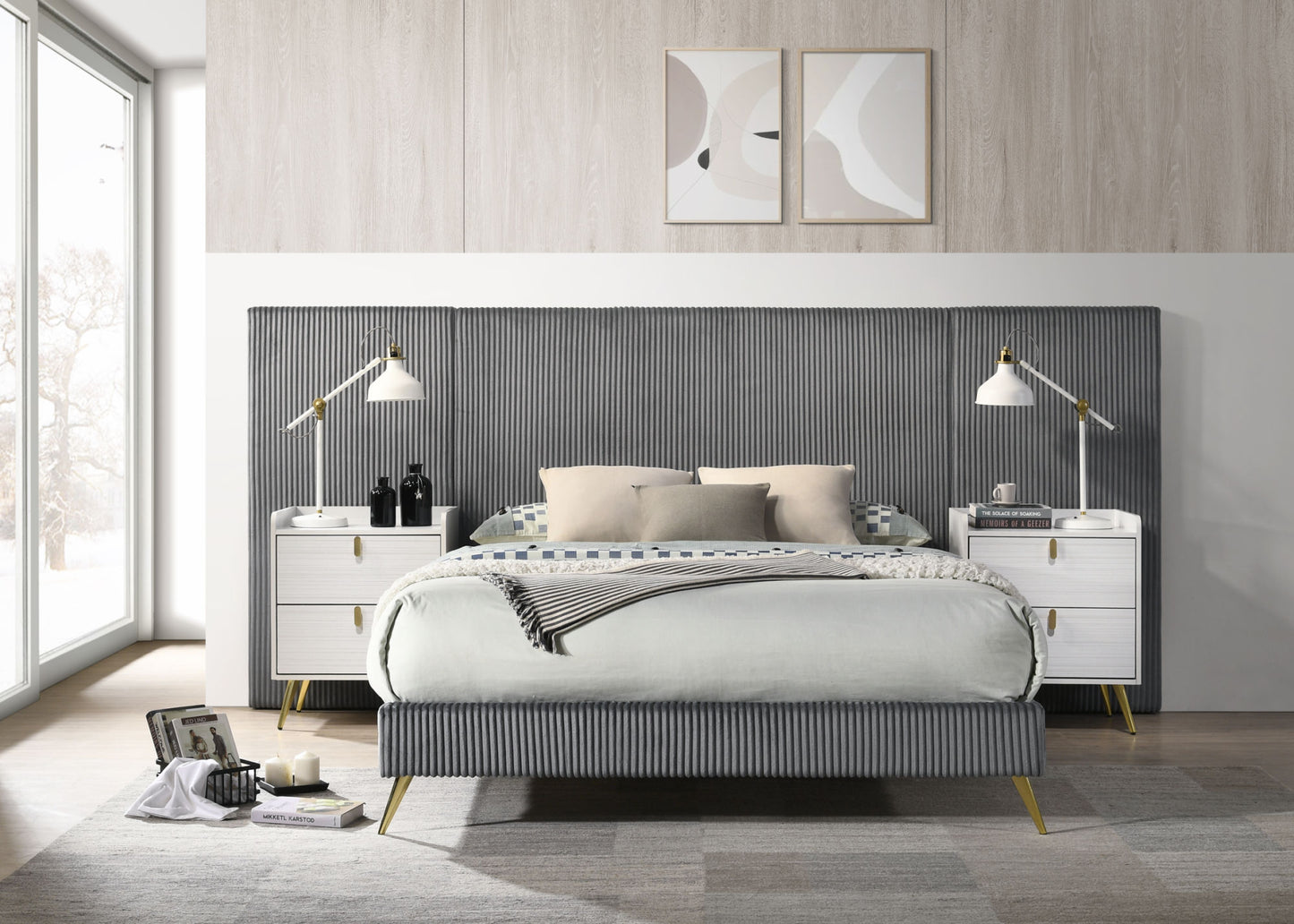acme muilee queen bed , gray fabric bd01741q