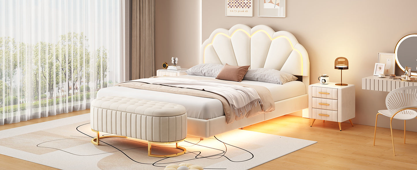 upholstered led platform bed with storage ottoman