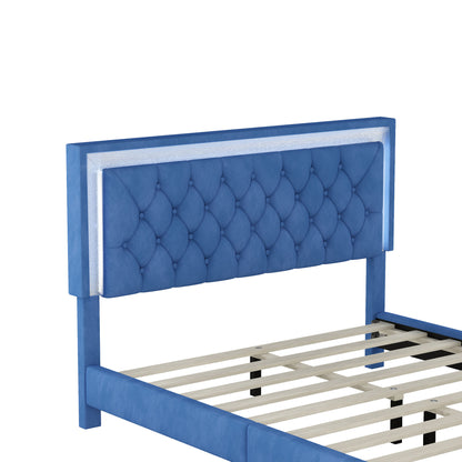 3-Pieces Upholstered Platform Bed with LED Lights and Two Nightstands-Blue