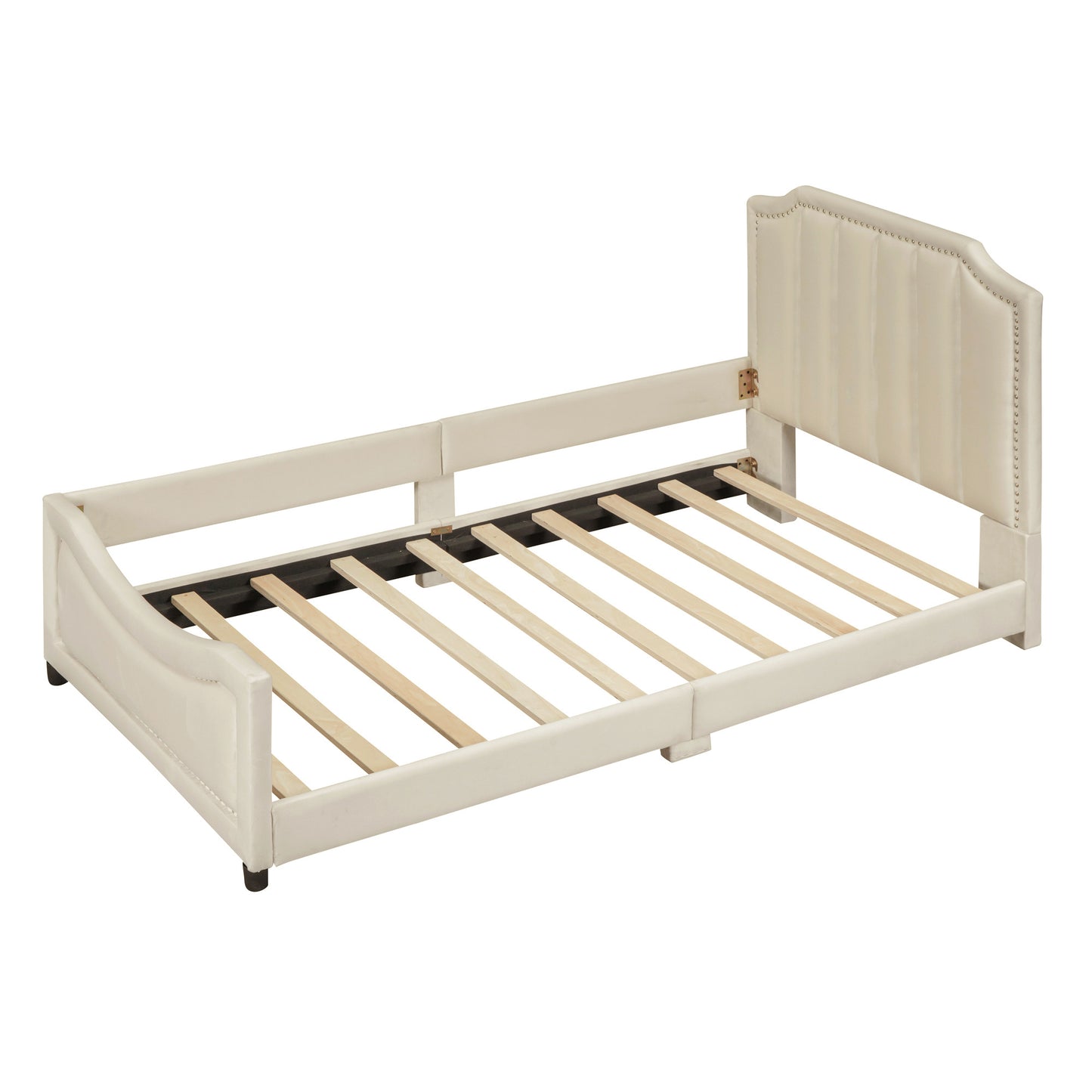 maya upholstered bed with classic stripe shaped headboard, beige