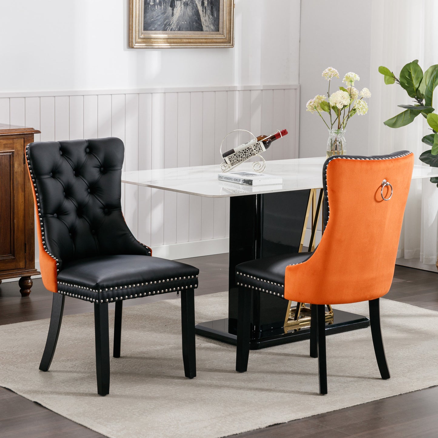 nikki collection modern high-end tufted dining chairs 2-pcs set, black+orange