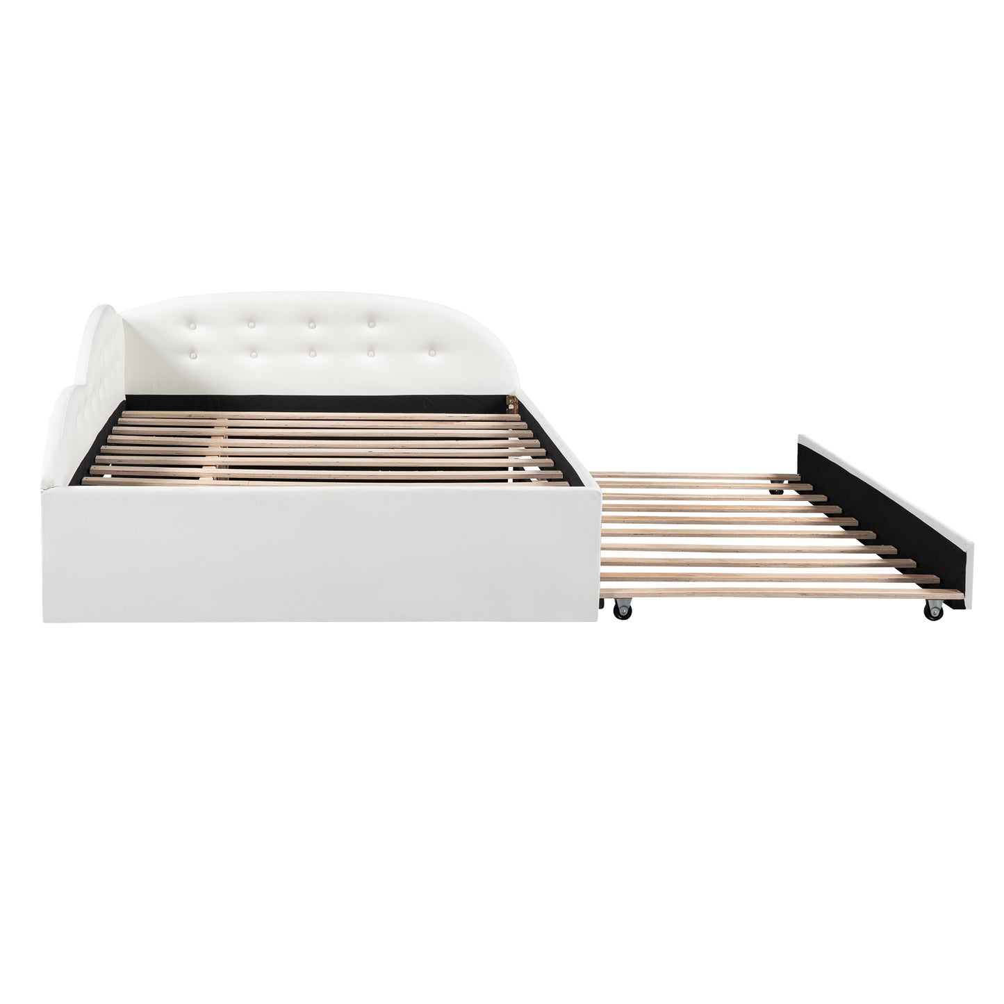 pu upholstered tufted daybed with trundle and cloud shaped guardrail, white