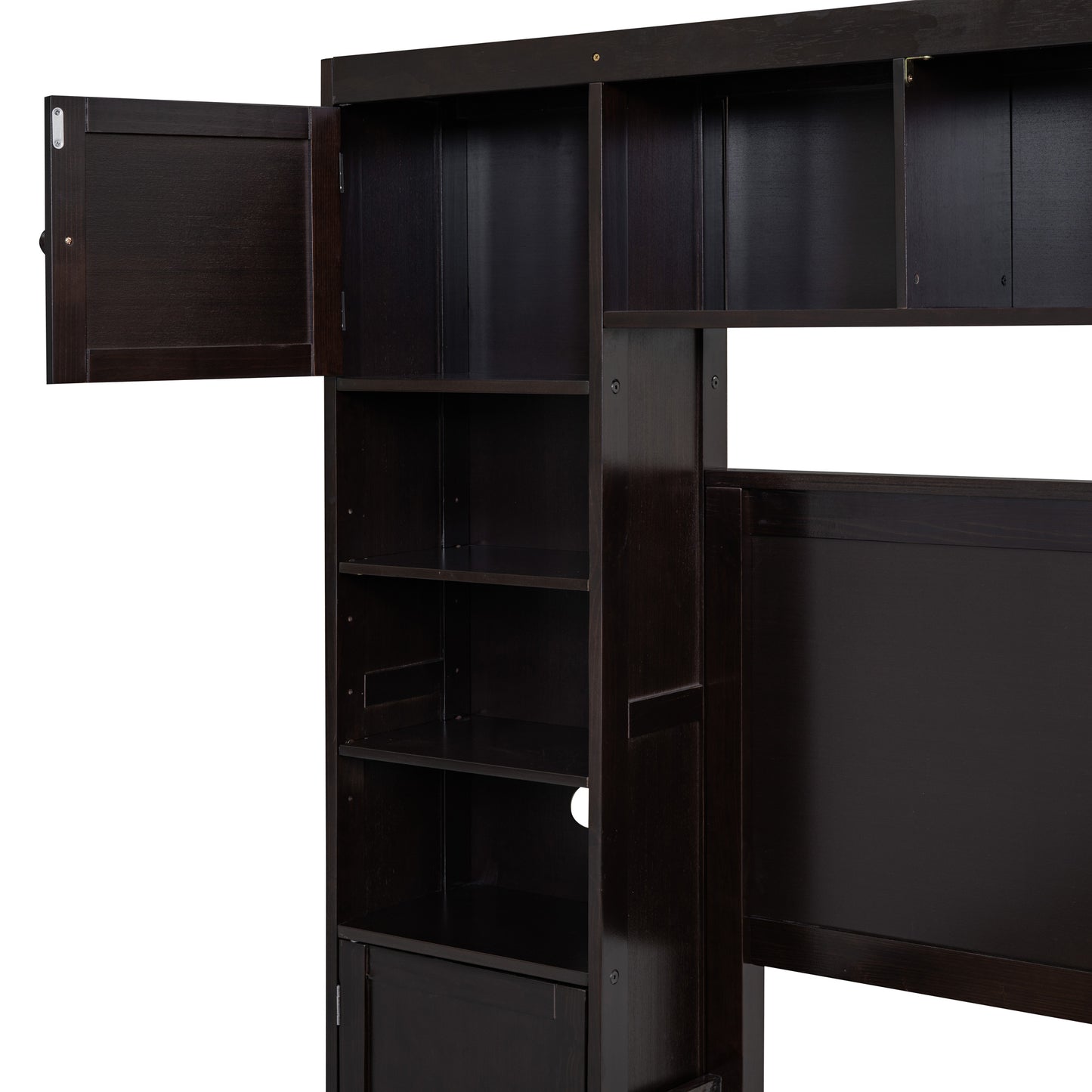 wooden bed with all-in-one cabinet and shelf