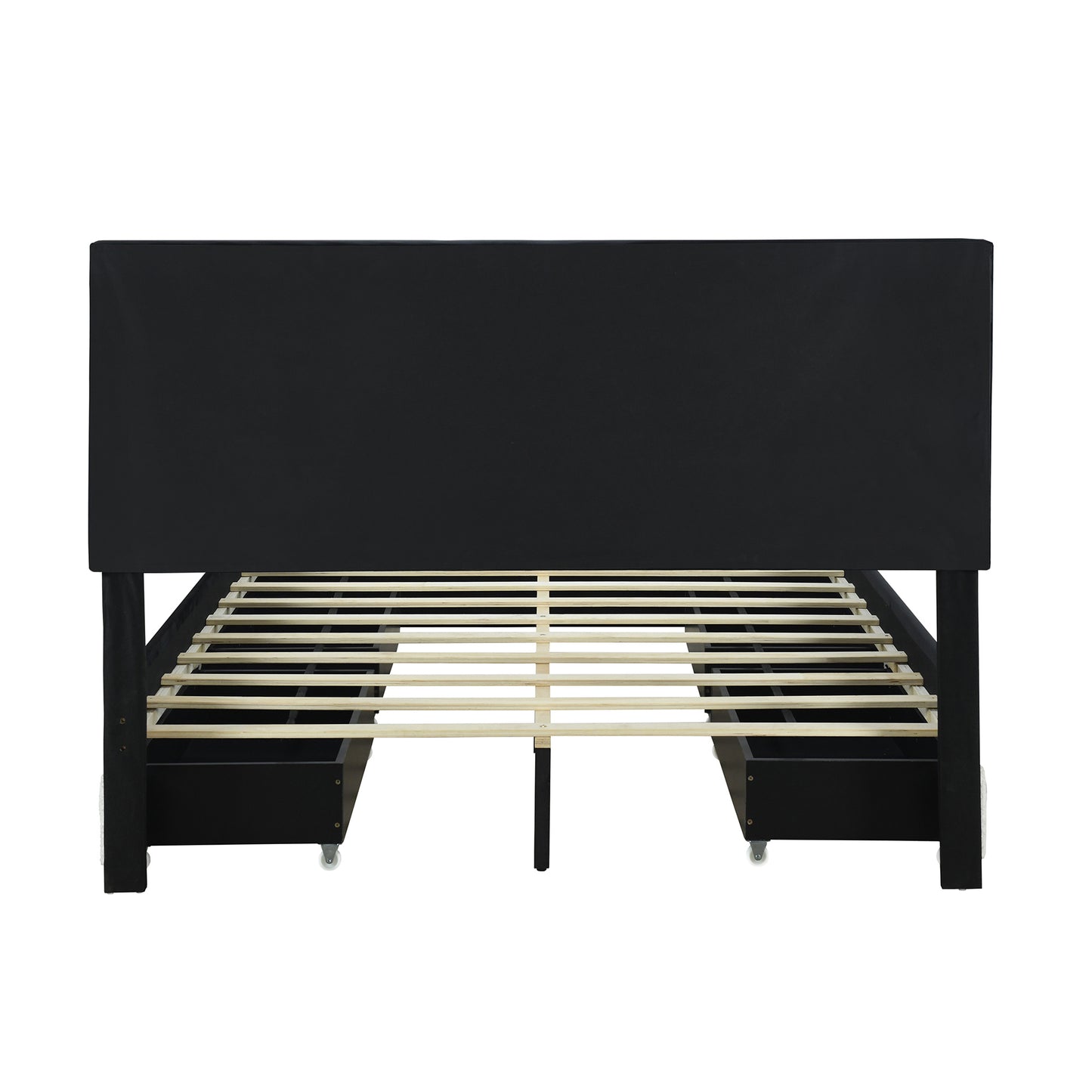 teddy upholstered platform bed with large rivet-decorated backrests and 4 drawers, velvet black+white