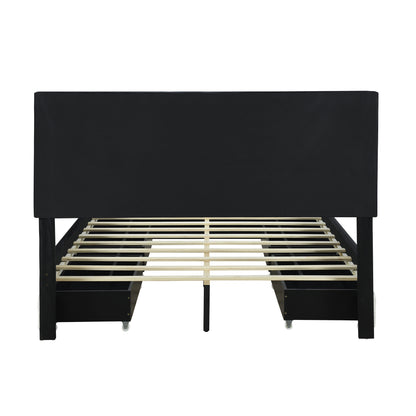 Teddy Upholstered Platform Bed with Large Rivet-decorated Backrests and 4 Drawers, Velvet Black+White