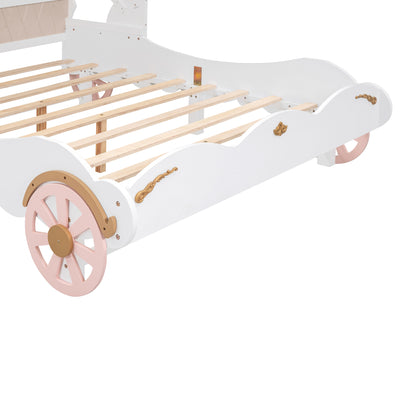 Princess Carriage Bed with Canopy, White+Pink+Gold