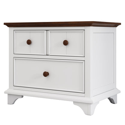 Wooden Captain Bed with Trundle and Nightstand, White+Walnut