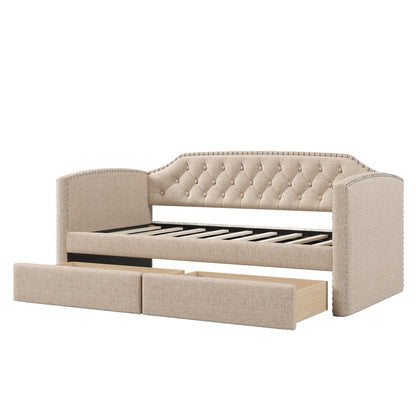 Kim Upholstered Bed with Drawers, Beige