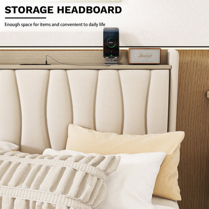 Queen Size Bed Frame with Storage Headboard and Charging Station, Beige