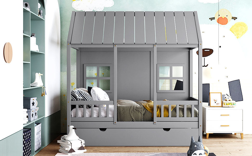 wood house bed with twin size trundle, gray