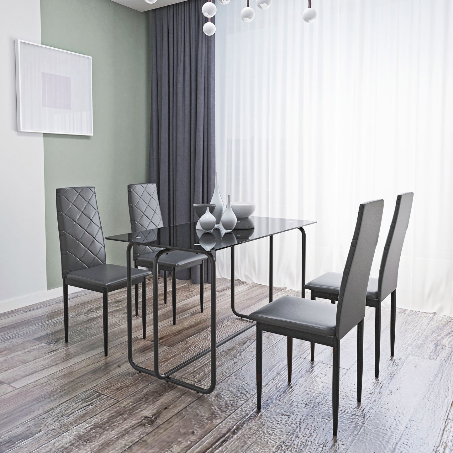 5-piece rectangle dining table set -tempered glass, black