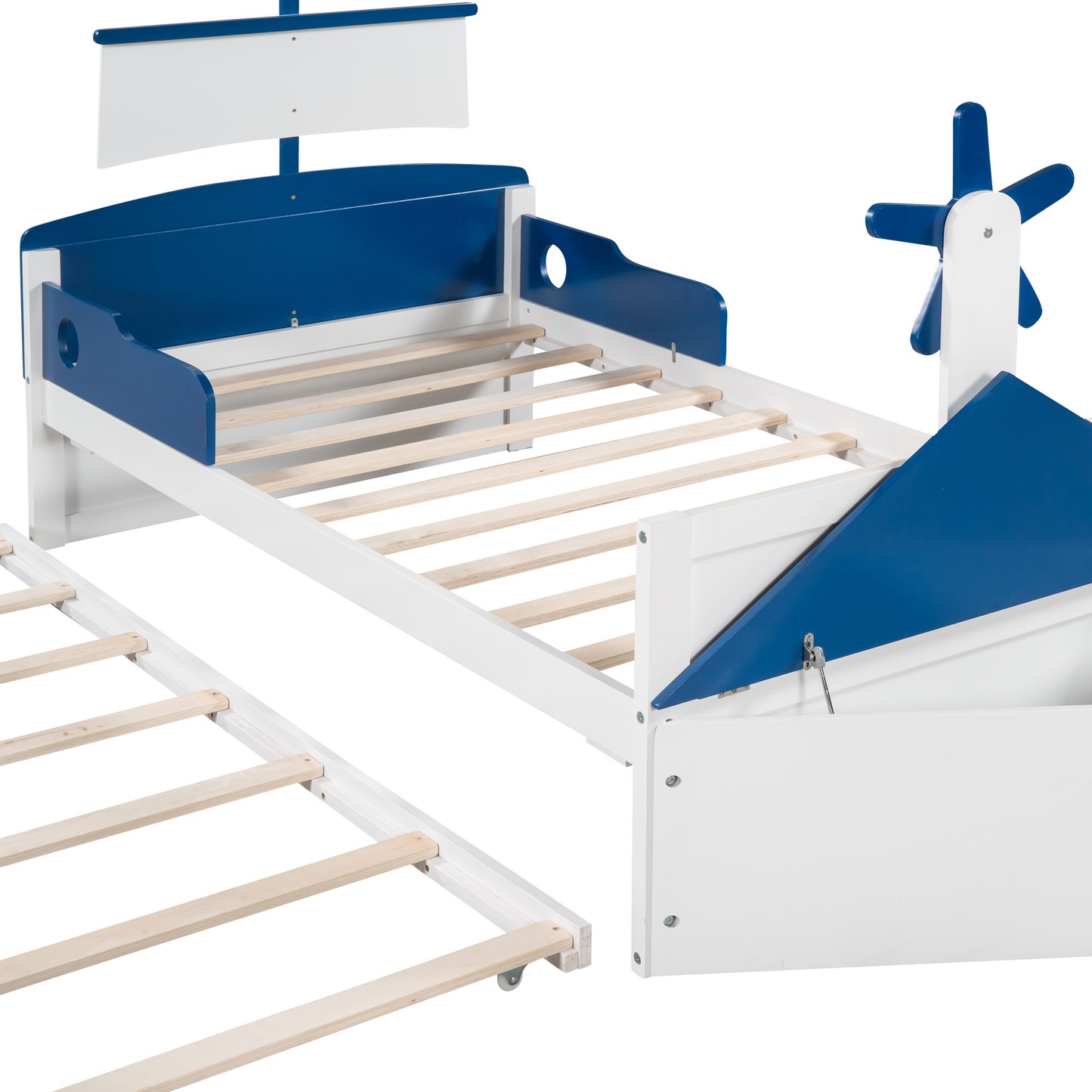 boat-shaped  bed with twin size trundle & storage, blue