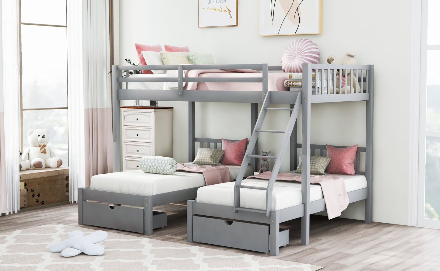 triple bunk bed with drawers and guardrails, gray