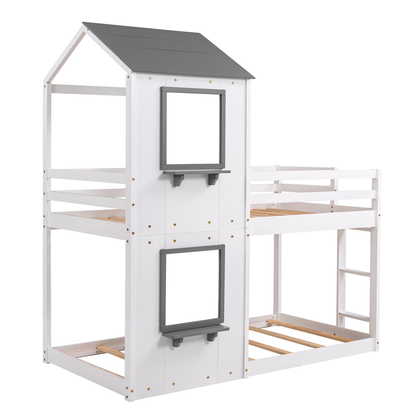 twin over twin bunk bed wood bed with roof, window, guardrail, and ladder