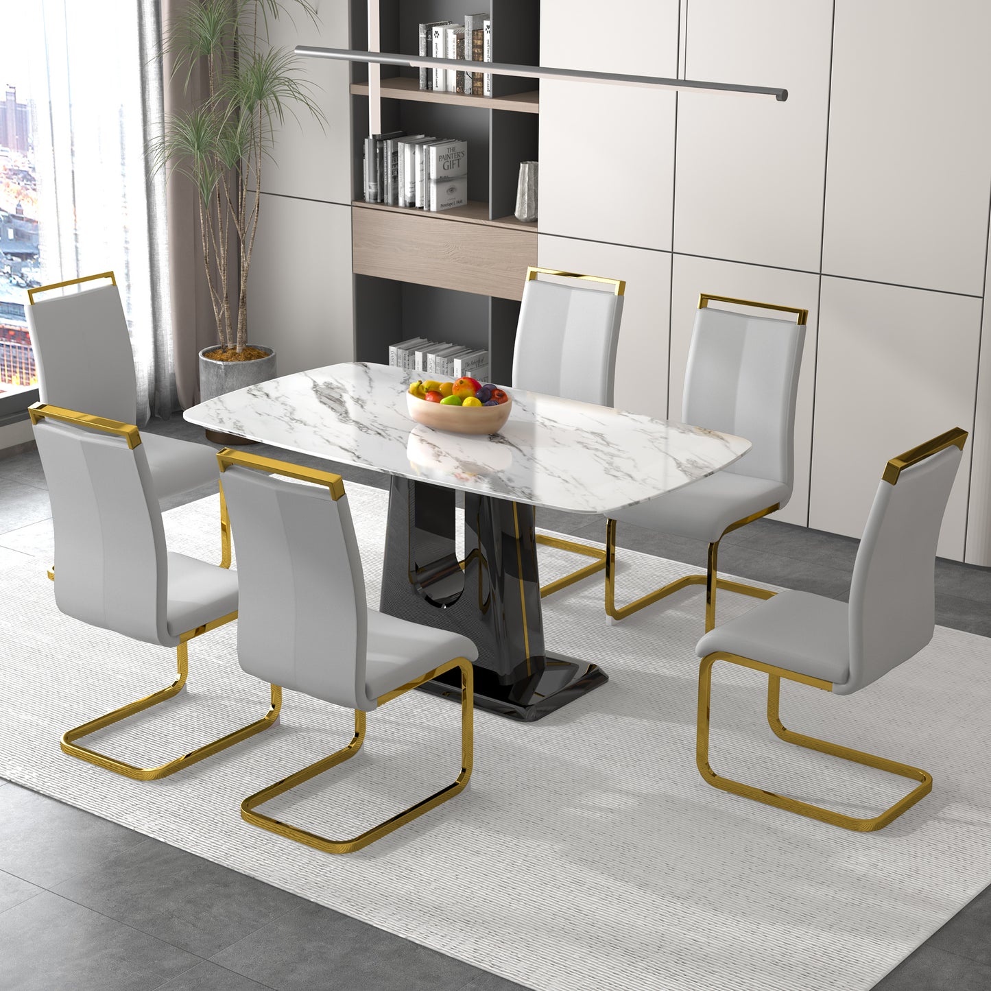 a modern, minimalist, and luxurious dining table with a white imitation marble tabletop and mdf legs with u-shaped brackets. tables in restaurants and living rooms 63"*35.4"*30 f-u