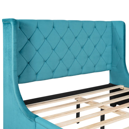 Modern Velvet Upholstered Platform Bed with Wingback Headboard and a Big Drawer