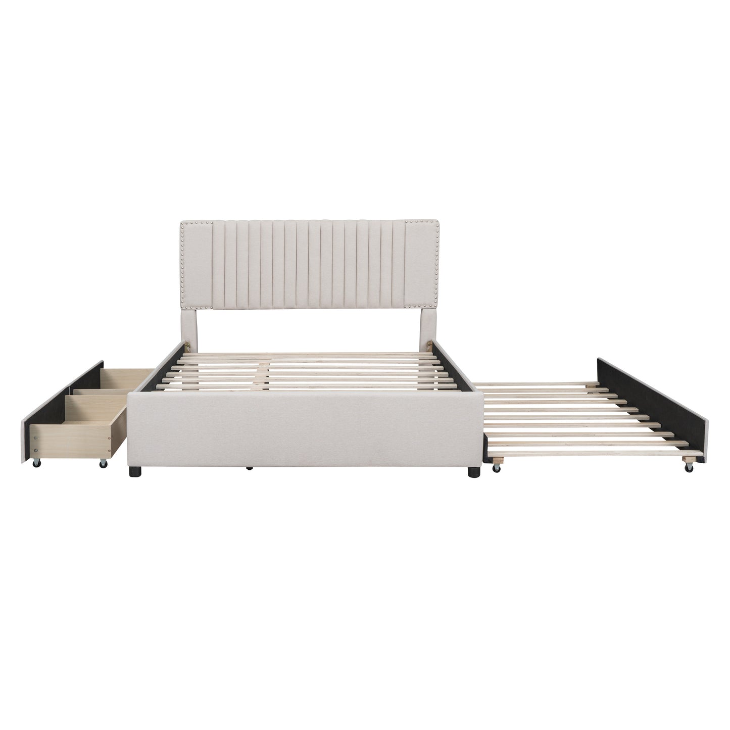 queen size upholstered platform bed with 2 drawers and 1 twin xl trundle, beige