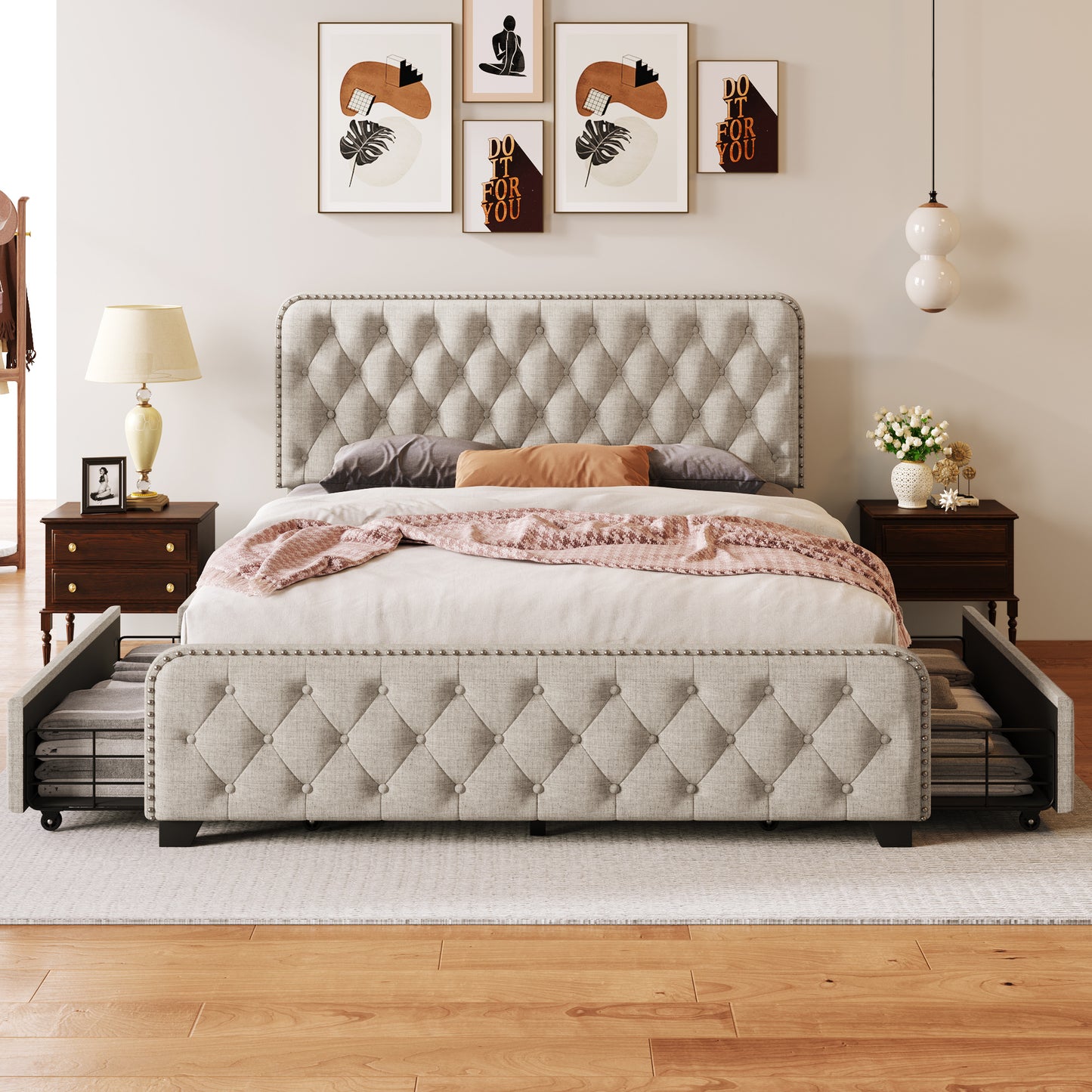 upholstered platform bed frame with four drawers, beige