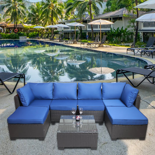 7-Piece PE Rattan Wicker Cushioned Sofa Sets and Coffee Table