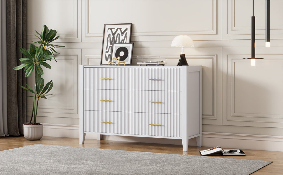 6 drawer dresser with metal handle for bedroom, white