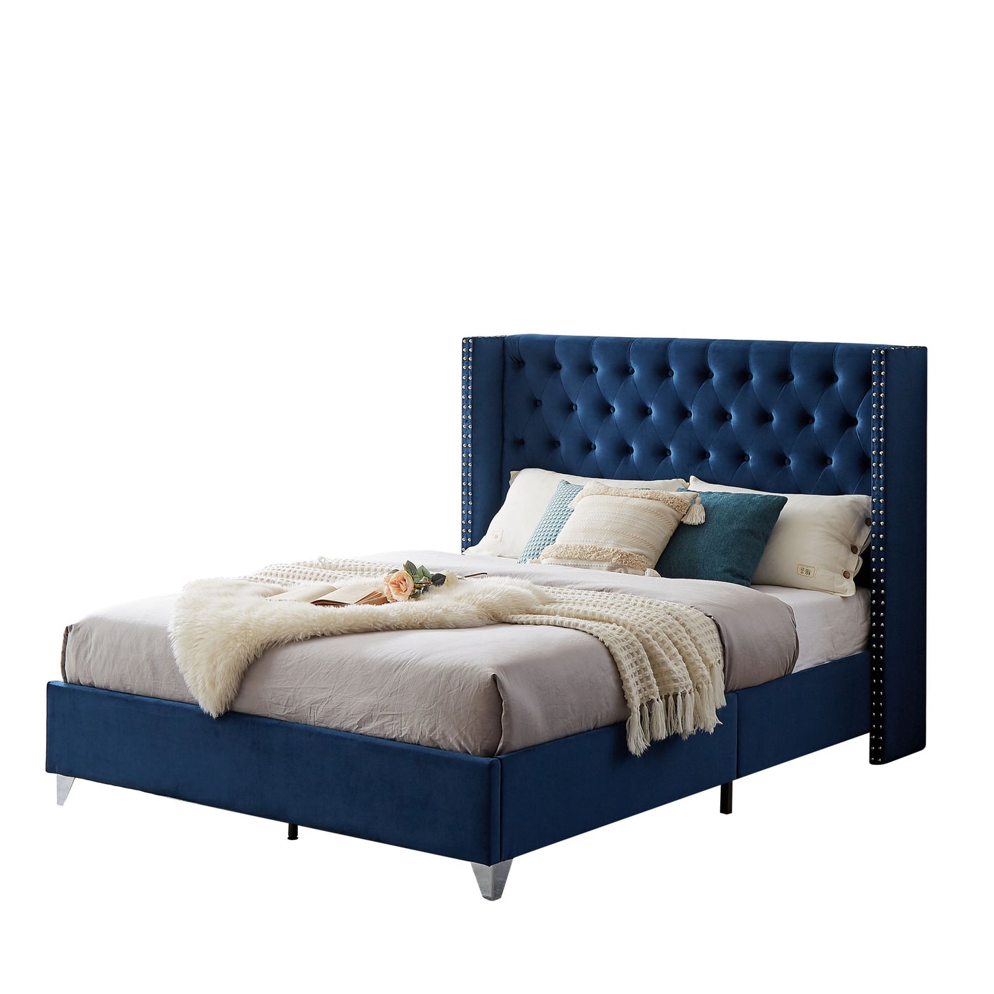 mox upholstered queen bed+ metal legs with electroplate