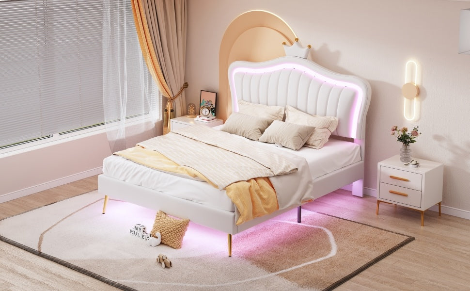 modern upholstered princess bed with crown headboard and led lights, white