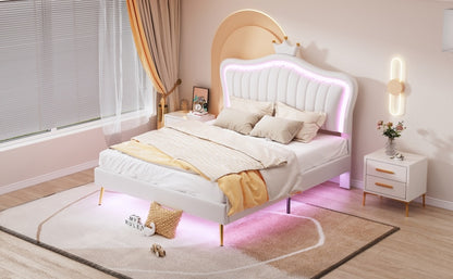 Modern Upholstered Princess Bed With Crown Headboard and LED Lights, White