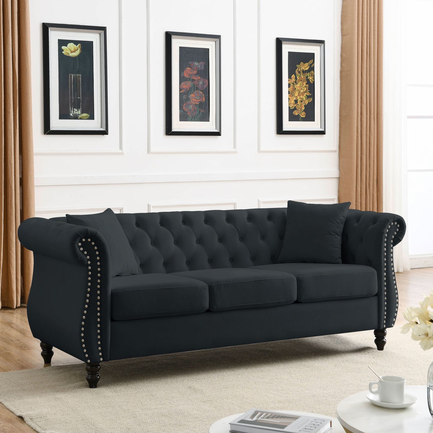 corrin chesterfield sofa set in black velvet