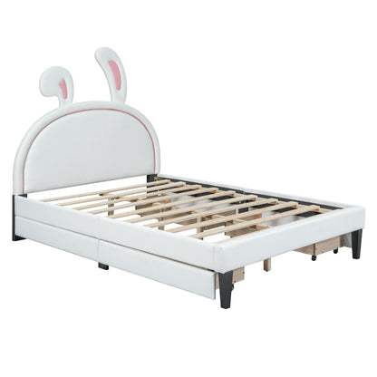 Upholstered Leather  Bed with Rabbit Ornament and 4 Drawers, White