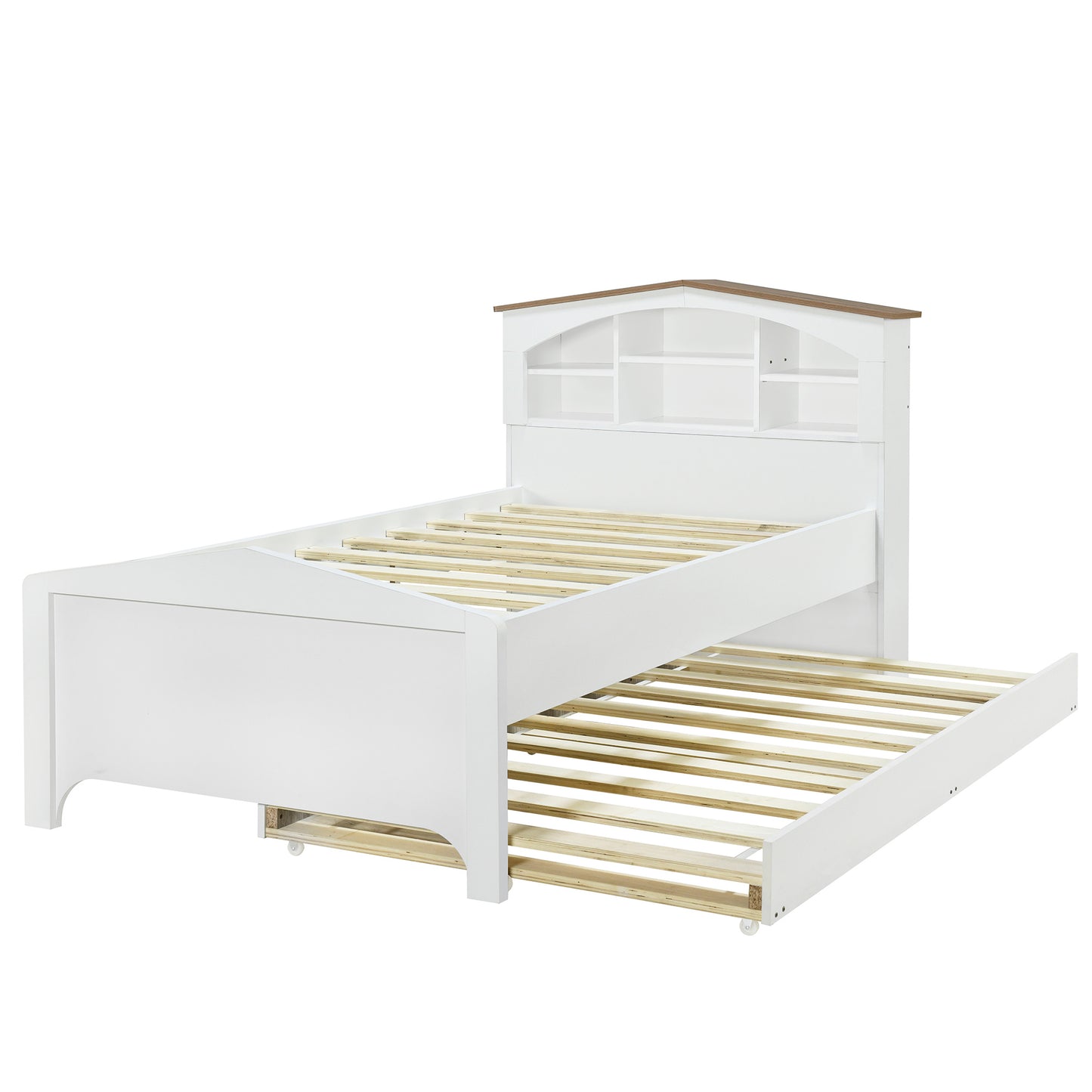 house-shaped bed with storage headboard and trundle, white