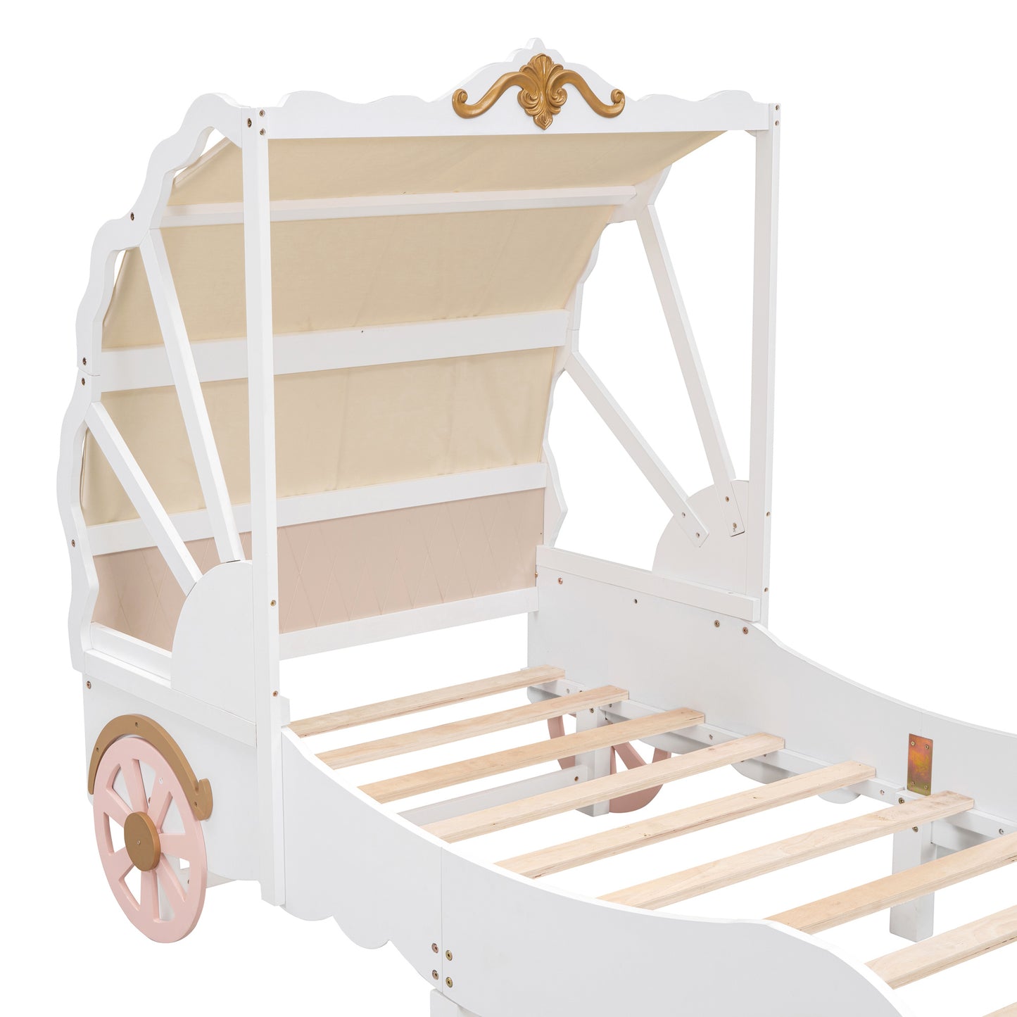 princess carriage bed with canopy, white+pink+gold