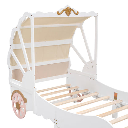 Princess Carriage Bed with Canopy, White+Pink+Gold
