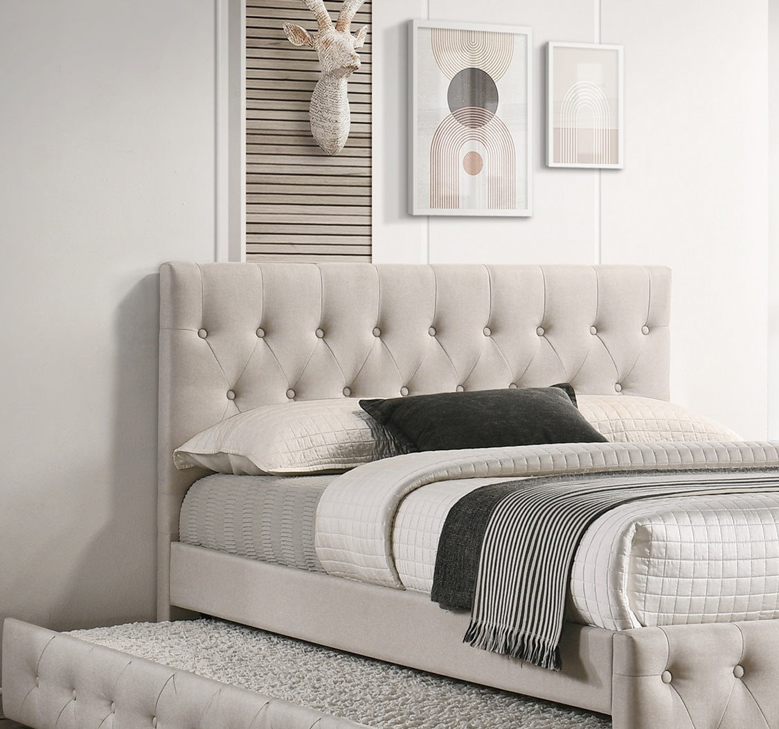 burlap upholstered tufted bed with storage