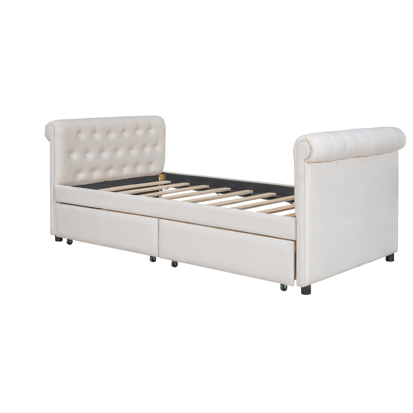 upholstered bed with drawers, beige