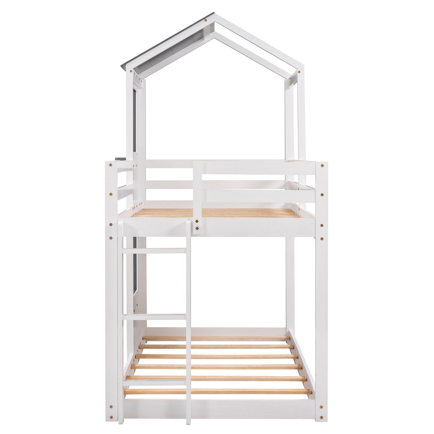 twin over twin bunk bed wood bed with roof, window, guardrail, and ladder