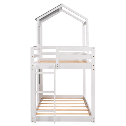 Twin Over Twin Bunk Bed Wood Bed with Roof, Window, Guardrail, and Ladder