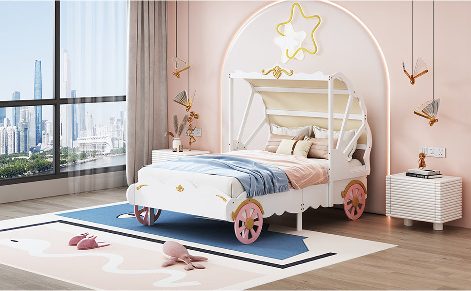 princess carriage bed with canopy, white+pink+gold