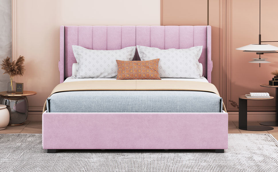 queen size upholstered bed with 4 drawers, pink