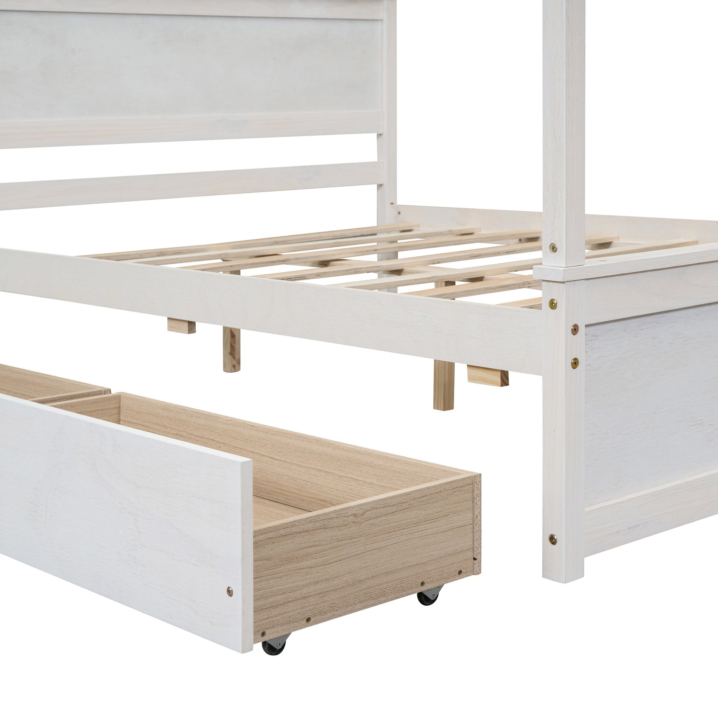 wood canopy bed with two drawers, white