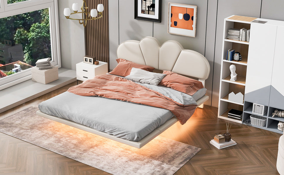 upholstery led floating bed with pu leather headboard