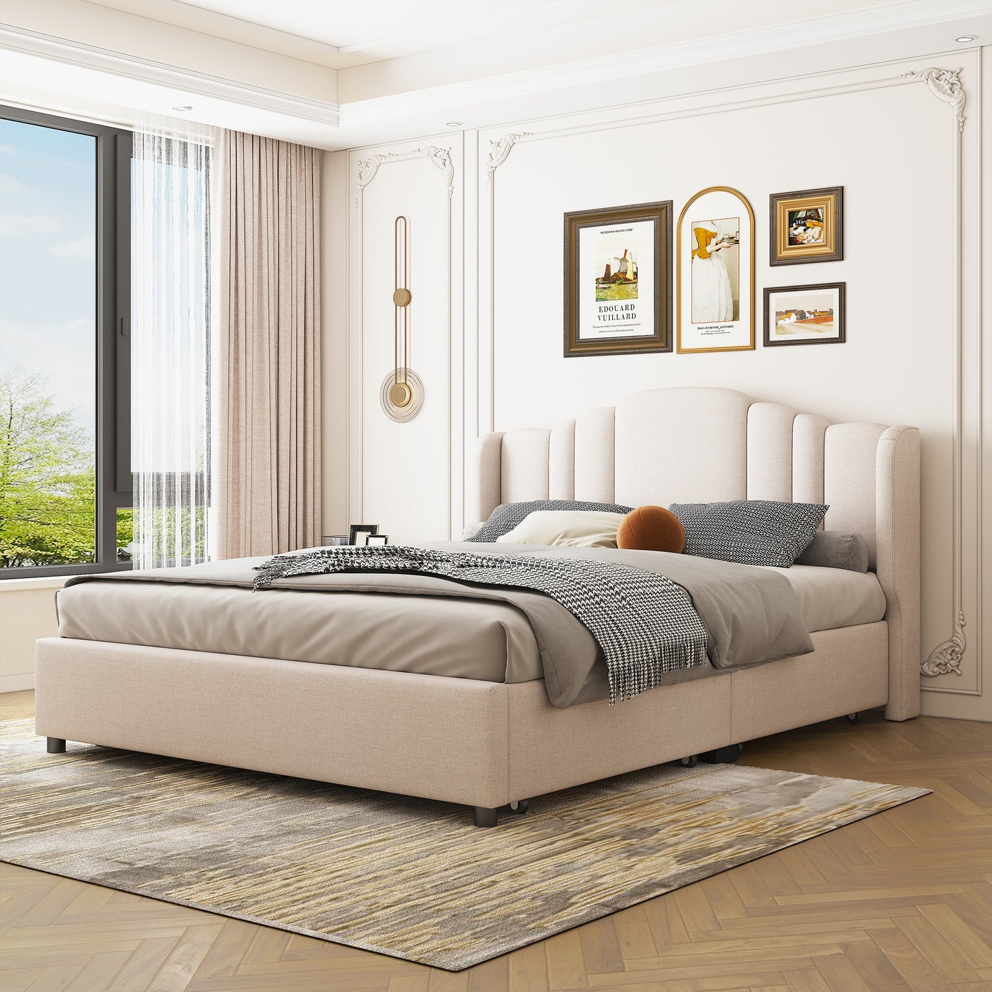 mie upholstered platform bed with wingback headboard and 4 drawers