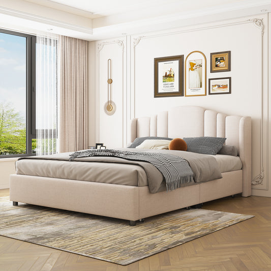 Mie Upholstered Platform Bed with Wingback Headboard and 4 Drawers