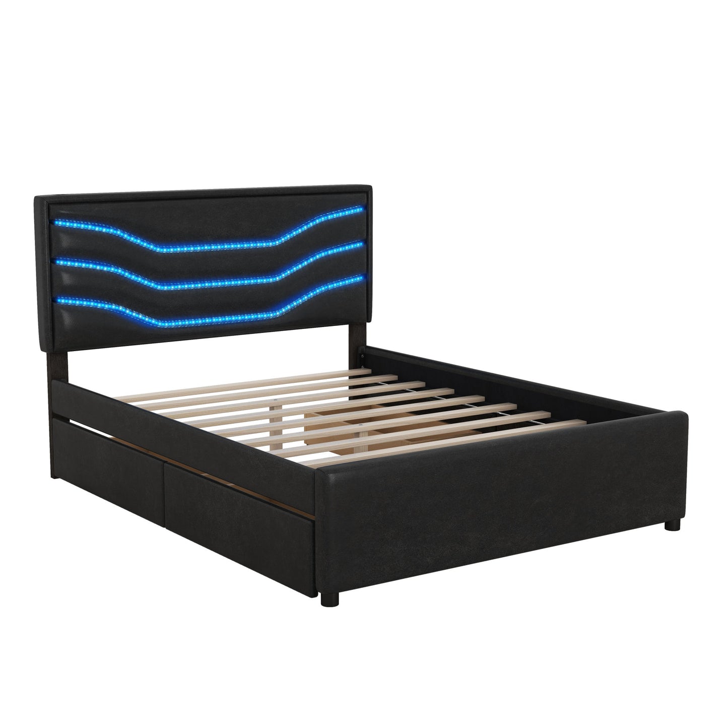 retro upholstered storage platform bed with led, 4 drawers and usb charging, black