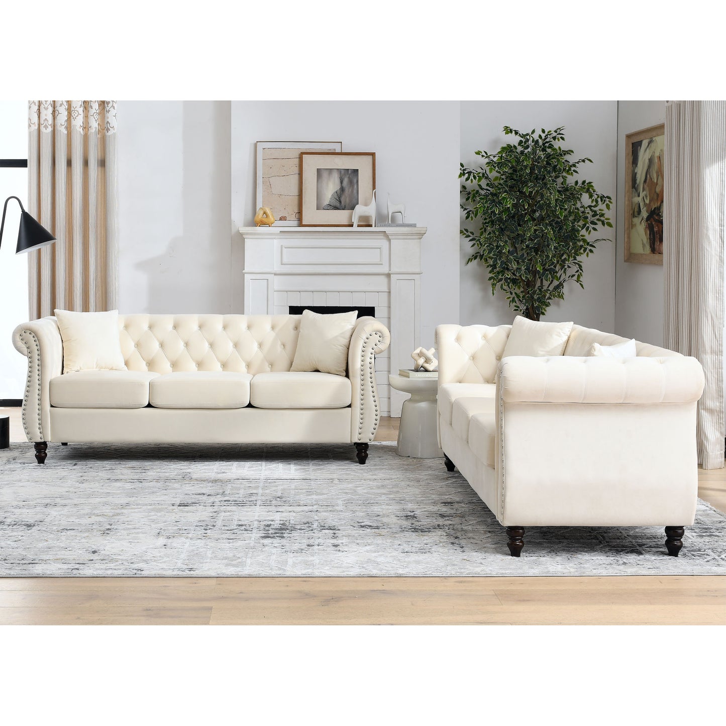 3-seater + 3-seater combination sofa, beige velvet