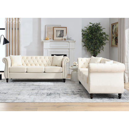 3-seater + 3-seater Combination Sofa, Beige Velvet