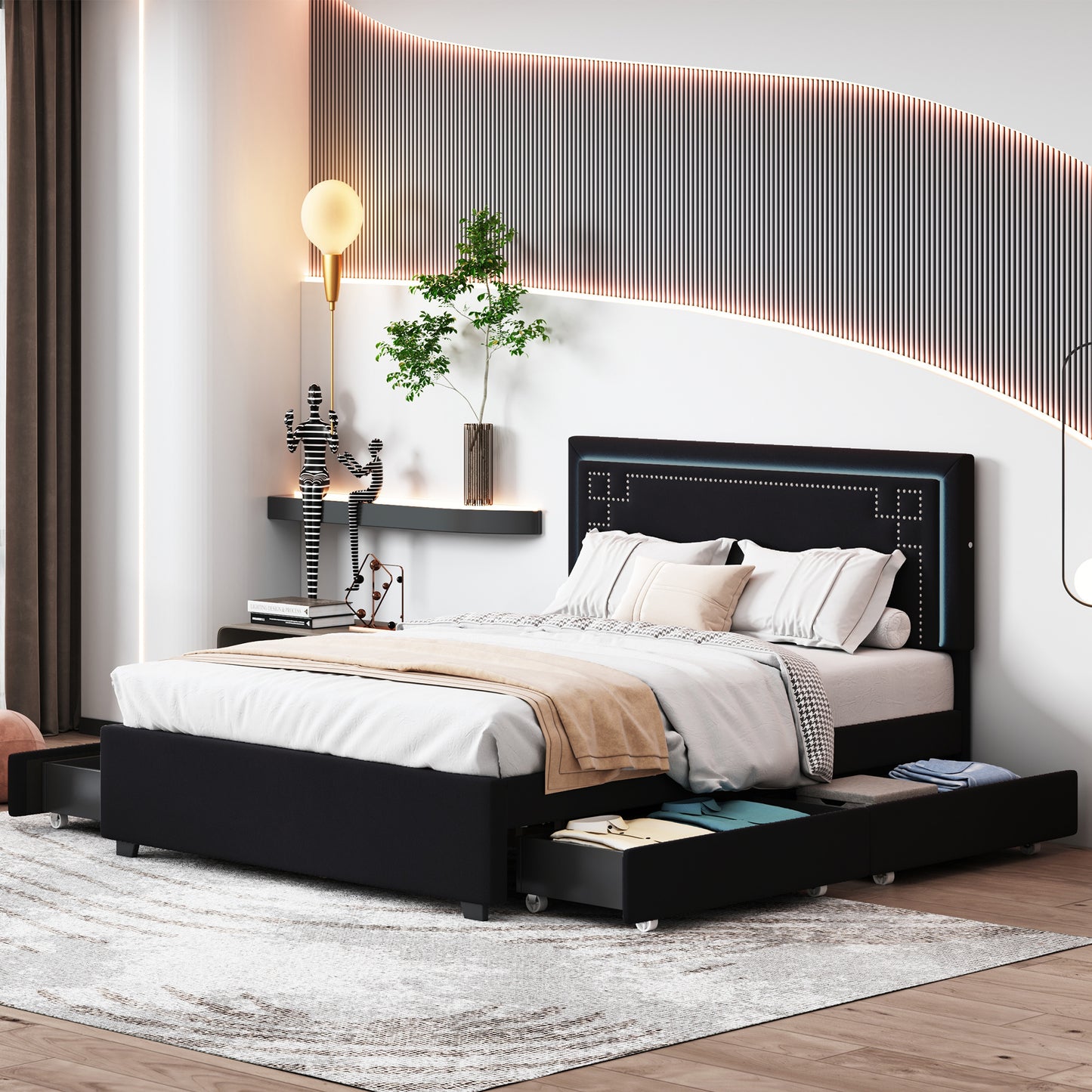 upholstered platform bed with rivet-decorated headboard, led bed frame and 4 drawers, black