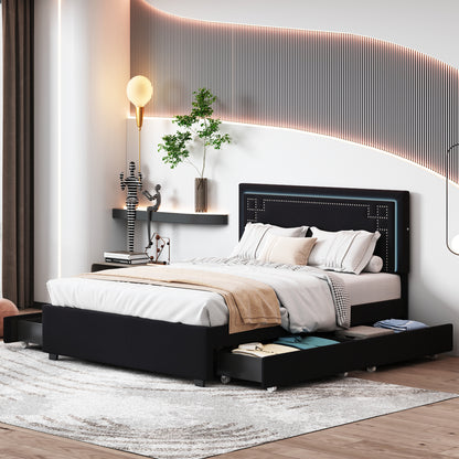 Upholstered Platform Bed with Rivet-decorated Headboard, LED bed frame and 4 Drawers, Black