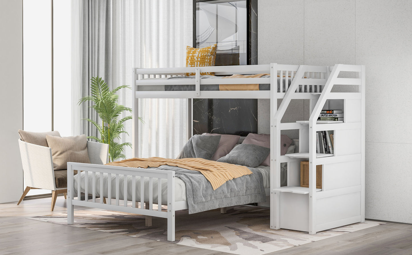 twin over full loft bed with staircase,gray