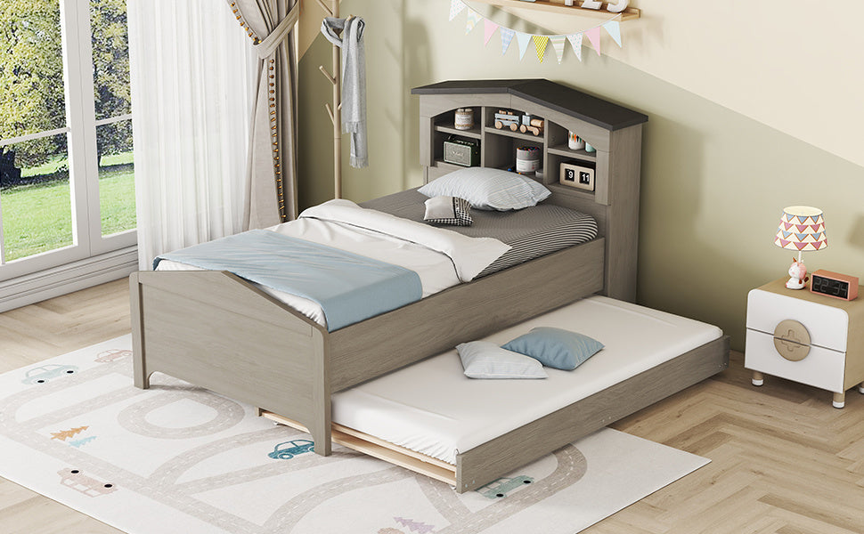 house-shaped bed with storage headboard and trundle, gray